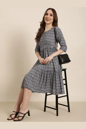 SHOWOFF Ethnic Motifs Print Cotton Round Neck Roll-Up Sleeves Fit & Flare Midi Dress