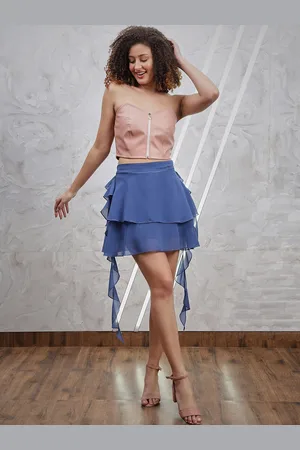ATHENA Blue Layered Detailed Flared Mini Skirt