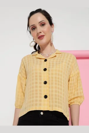 DressBerry Yellow Checked Lapel Collar Puff Sleeves Crepe Shirt Style Top