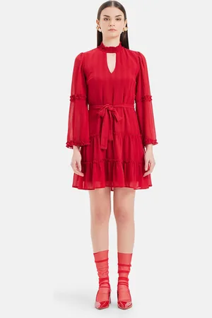 Kazo Keyhole Neck Bell Sleeve Cotton Fit & Flare Dress