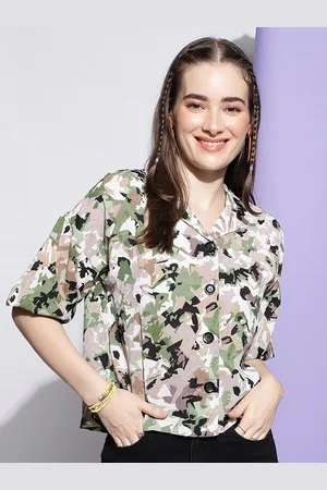 DressBerry Green Abstract Printed Lapel Collar Crepe Shirt Style Top