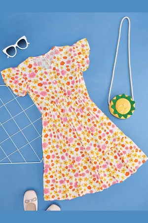 Pantaloons Girls Floral Print Flutter Sleeve Fit & Flare Dress