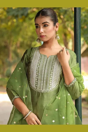 Ahika Women Green Yoke Design Sequinned Kurta with Trouser With Dupatta