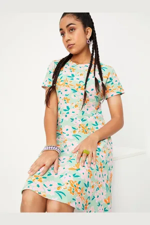 Max Collection Girls Floral Printed Round Neck Pure Cotton Fit and Flare Dress