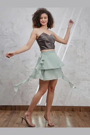 ATHENA Green Layered Detailed Flared Mini Skirt