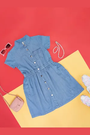 Pantaloons Girls Shirt Collar Short Sleeves Gathered Cotton Fit & Flare Dress