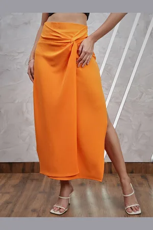 ATHENA Orange-Coloured Knotting Straight Midi Skirt