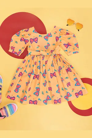 Pantaloons Girls Conversational Printed Puff Sleeves Cotton Fit & Flare Dress