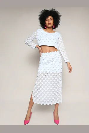 Campus Blue Self Design Long Sleeves Top With Skirt