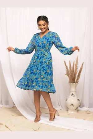 FIORRA Floral Print V-Neck Fit & Flare Georgette Dress