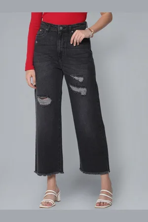 Flying Machine Women Straight Fit Mildly Distressed Light Fade Cropped Length Cotton Jeans