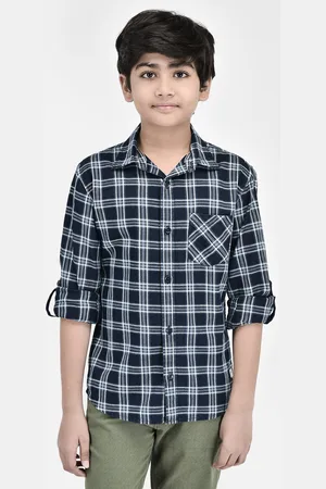 Crimsoune Club Boys Classic Slim Fit Tartan Checks Spread Collar Cotton Casual Shirt