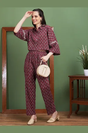 Globus Pure Cotton Printed Co-Ord Set With Cropped Top & Pant