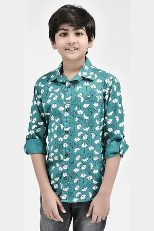 Crimsoune Club Boys Classic Slim Fit Floral Printed Spread Collar Cotton Casual Shirt