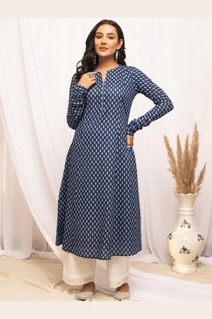 FIORRA Ethnic Motifs Printed Notched Neck Pure Cotton A-Line Kurta