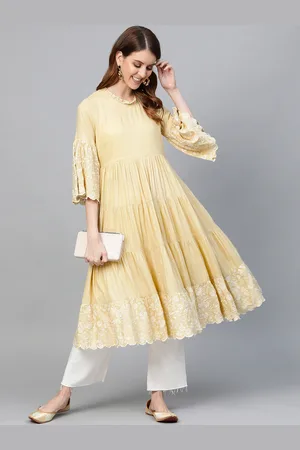 HERE&NOW Women Yellow Solid Tiered Anarkali Kurta