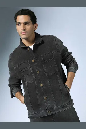 Hubberholme Men Charcoal Grey Washed Denim Jacket