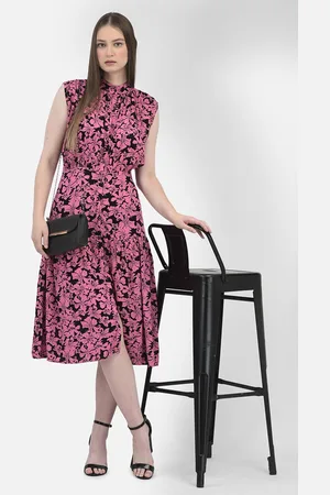 Crimsoune Club Floral Printed Mandarin Collar Cap Sleeves Flared A-Line Dress