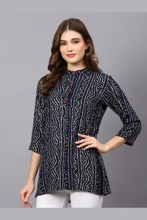 indietoga Women Plus Size Navy Blue Mandarin Collar Bandhani Printed Tunic