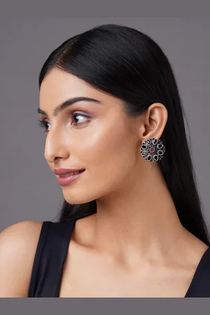 Binnis Wardrobe Black & Pink Silver-Plated Oxidised Floral Studs Earrings