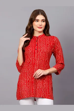 indietoga Women Red Viscose Rayon Mandarin Collar Bandhani Printed Tunic