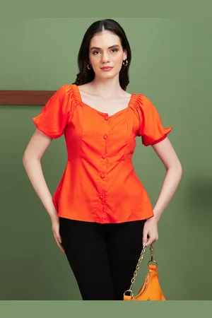 Globus Orange Square Neck Woven Puff Sleeve Top