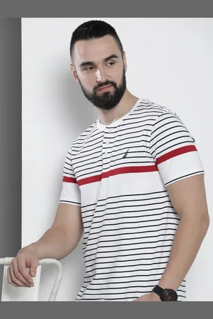 Nautica Striped Henley Neck Pure Cotton T-shirt
