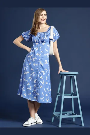 Mast & Harbour Floral Print Puff Sleeve A-Line Midi Dress