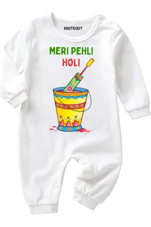 KNITROOT Infants Kids White Pehli Holi Printed Regular Fit Cotton Rompers