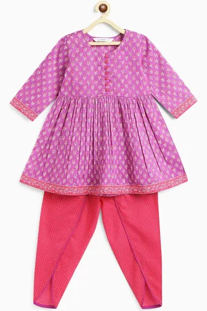 Campana Girls Ethnic Block Printed Pleated Anarkali Pure Cotton Kurti with Dhoti Pants