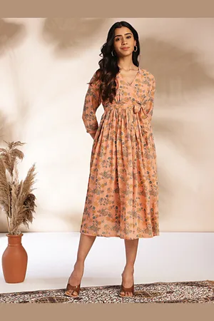 Janasya Floral Print Georgette Fit & Flare Midi Dress
