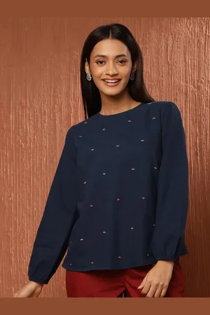 Fabindia Round Neck Embellished Cotton Top