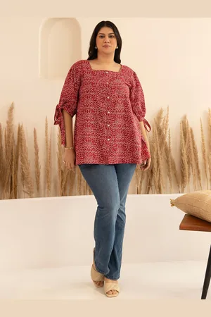 Janasya Women Plus Size Floral Printed Cotton A Line Top