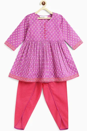 Campana Girls Ethnic Block Printed Pleated Anarkali Pure Cotton Kurti with Dhoti Pants