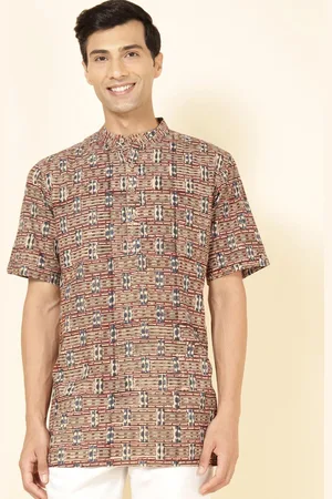 Fabindia Band Collar Short Sleeves Cotton Straight Short Kurta