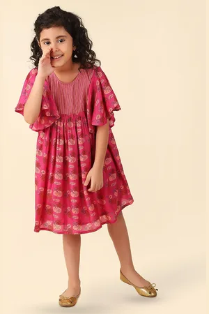Fabindia Girls Floral Printed Flared Sleeve A-Line Dress