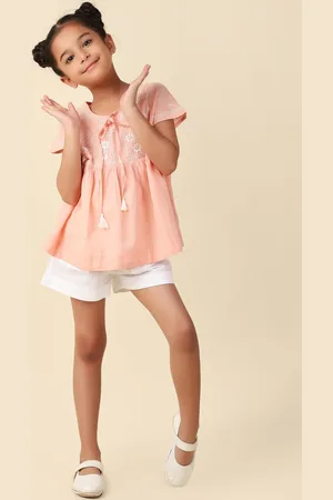 Fabindia Girls Embroidered Chikankari Pure Cotton Top with Shorts