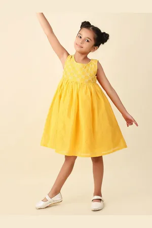 Fabindia Girls Floral Embroidered Sleeveless Chikankari Fit & Flare Dress