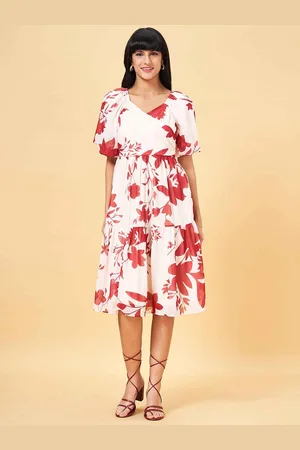 Pantaloons Floral Printed V-Neck Puff Sleeve Fit & Flare Midi Dress