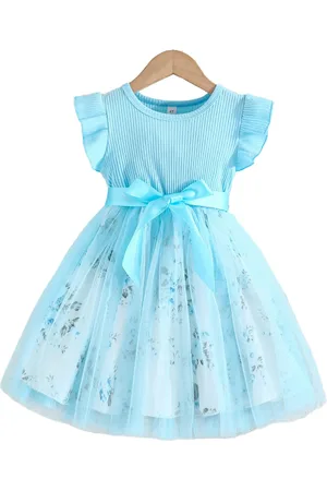 Stylecast Girls Blue Floral Printed Flutter Sleeves Gathered Cotton Fit & Flare Dress