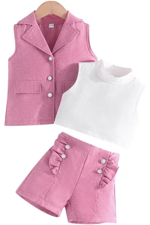 Stylecast Girls Pink & White Ribbed High Neck Top with Shorts & Waistcoat