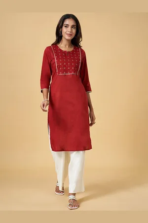 Pantaloons Floral Yoke Design Notched Neck Cotton Kurta