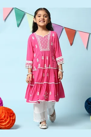 Biba Girls Floral Embroidered Sequined Tiered Kurta with Palazzos