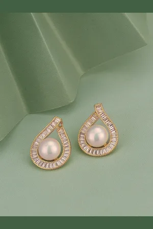 Carlton London Women Gold-Plated Pearl Studded Teardrop Shaped Studs Earrings