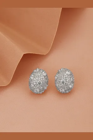 Carlton London Women Silver-Plated CZ Studded Oval Studs Earrings