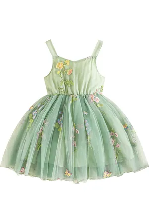 Stylecast Green Girls Floral Embroidered Shoulder Straps Bow Detail Fit & Flare Dress