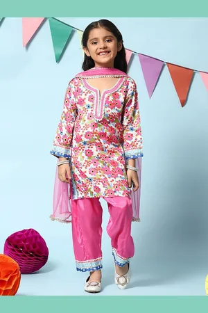 Biba Girls Floral Printed Gotta Patti Kurti with Salwar & Dupatta