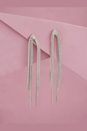 Carlton London Women Silver-Plated CZ Studded Tasselled Contemporary Drop Earrings