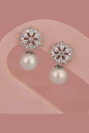 Carlton London Women Silver-Plated Pearl Studded Floral Drop Earrings