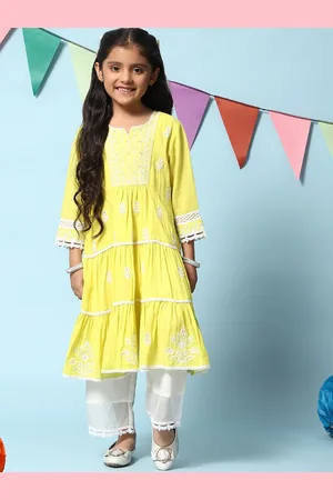 Biba Girls Floral Embroidered Sequined Tiered Georgette Kurta with Palazzos